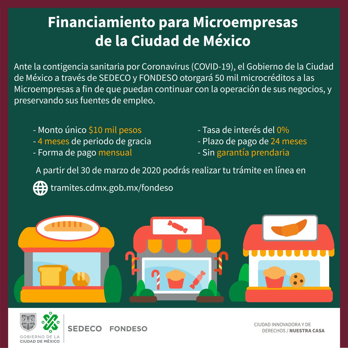 FondesoCDMX's tweet photo. Ante la contingencia sanitaria por el #COVID19, el @GobCDMX a través de la @SedecoCDMX y #FONDESO presenta el Financiamiento para Microempresas de la Ciudad de México, con el cual apoyaremos a este sector con la operación de sus negocios 

Consulta más en: https://t.co/zeylANJY9u https://t.co/dHjj3jMP5d