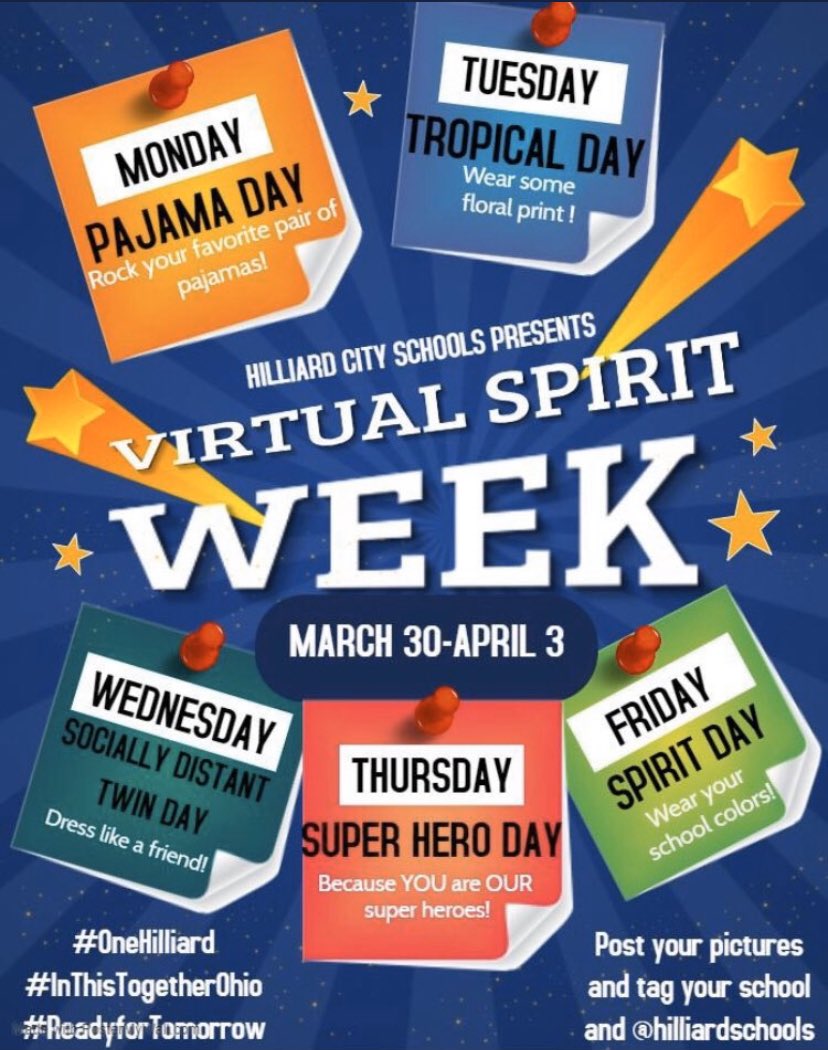 Next week, <a href="/HilliardSchools/">Hilliard Schools</a> would like to welcome all of our students back to eLearning with a Virtual Spirit Week! Tag us here on Twitter or on Instagram (<a href="/BNLC_HCSD/">Britton Norwich Learning Campus</a>) with your pics! We‘re proud to be #OneHilliard! #InThisTogetherOhio #BNLC #Ready4Tomorrow #BNcredible