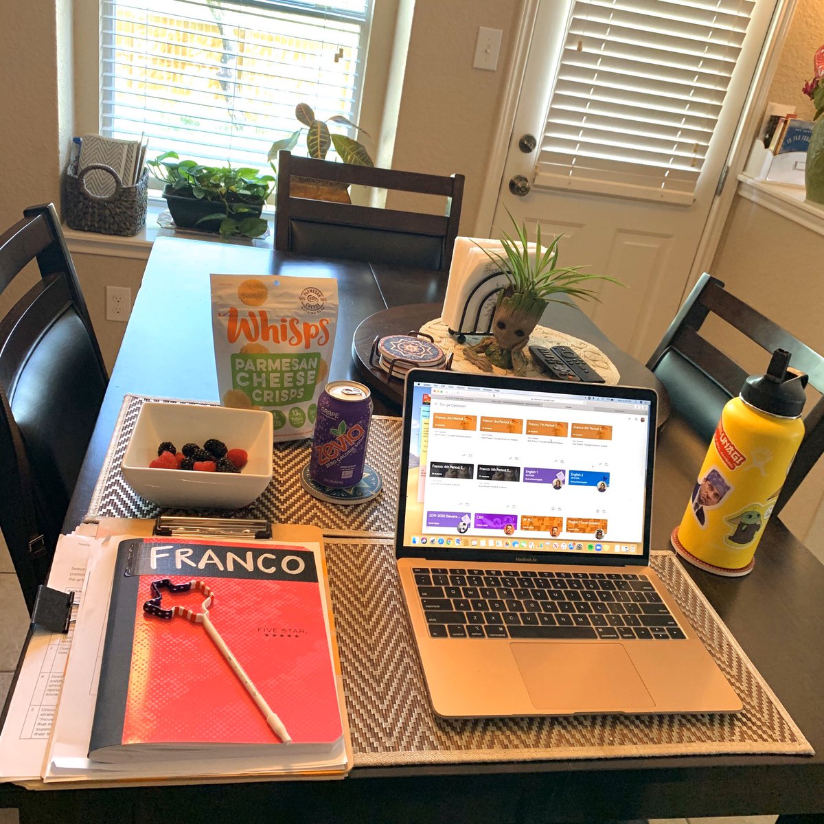 Having (moderately) healthy snacks within reach is crucial. Baby Groot moves around, depending on sun. At any moment, I’m both “self-isolation” Prison Mike & sad “I miss my kids” Baby Yoda. Imagine Pandora playing in the background w/ ads. #WorkitWednesday #FalconVirtualPride