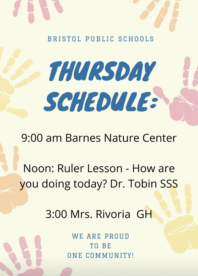DavidJHuber's tweet photo. Hey @BristolCTSchool families. Have you seen tomorrow’s schedule of Facebook live (@BPSElementary) events?! @suetobin @GHillsGators @marcbrackett @rulerapproach #sssct #OneCommumity https://t.co/LoBx8xuyv6