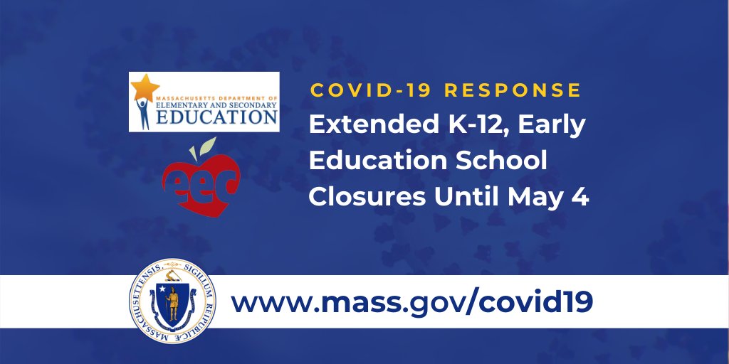 At today's COVID-19 update, @MassLtGov and I joined @MASchoolsK12 Commissioner Riley to announce the extension of school closures for K-12 schools and non-emergency early education programs until May 4. #COVID19MA 🔗READ: bit.ly/2UjYWuo ▶️WATCH: youtu.be/yVAnenJcM2c