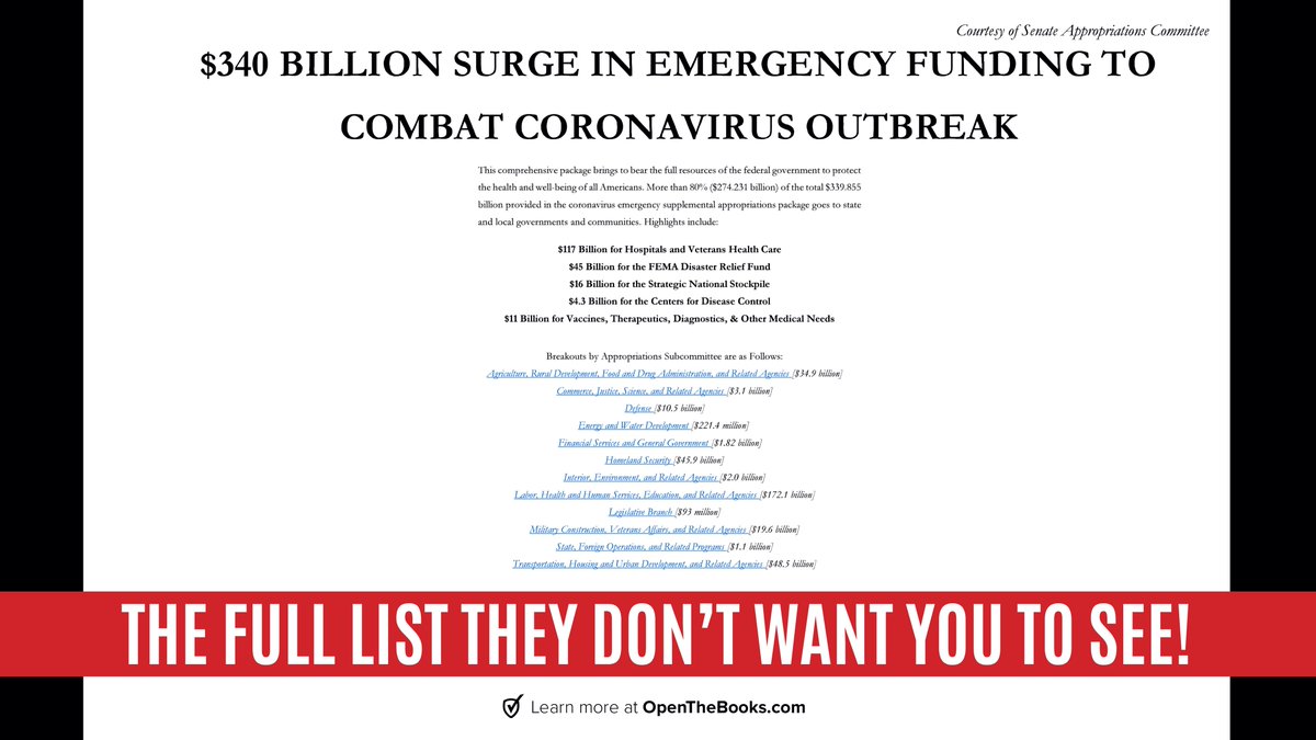 SENATE VOTES IN 45 MINUTES: The FULL LIST they don't want you to see! A $340 billion surge in emergency virus funding -- with LOTS spent on pet projects and items unrelated to COVID-19. Raise your voice!! READ the full document: bit.ly/USHouseApprSup…