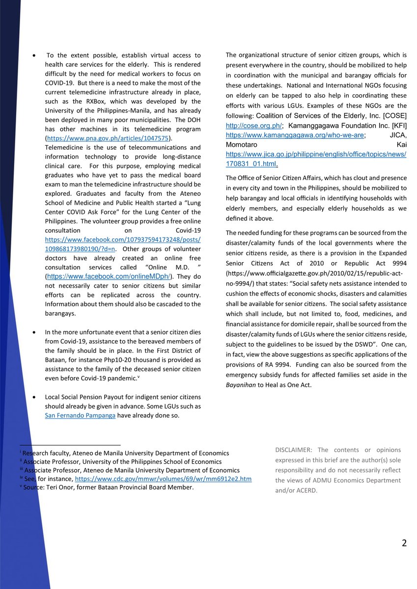 Policy Brief 2020-02: Special Programs Needed for the Elderly and Elderly Households during the Enhanced Community Quarantine by Geoffrey Ducanes, Sarah Lynne Daway-Ducanes and Majah-Leah Ravago. 
Visit ateneo.edu/ls/soss/econom… for more on Policy Briefs