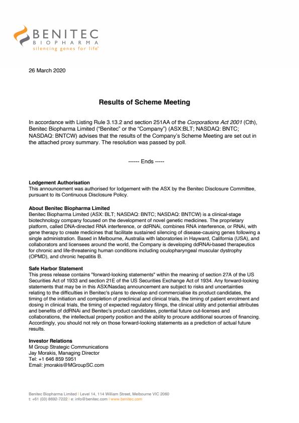 Benitec Biopharma Inc. tweet media