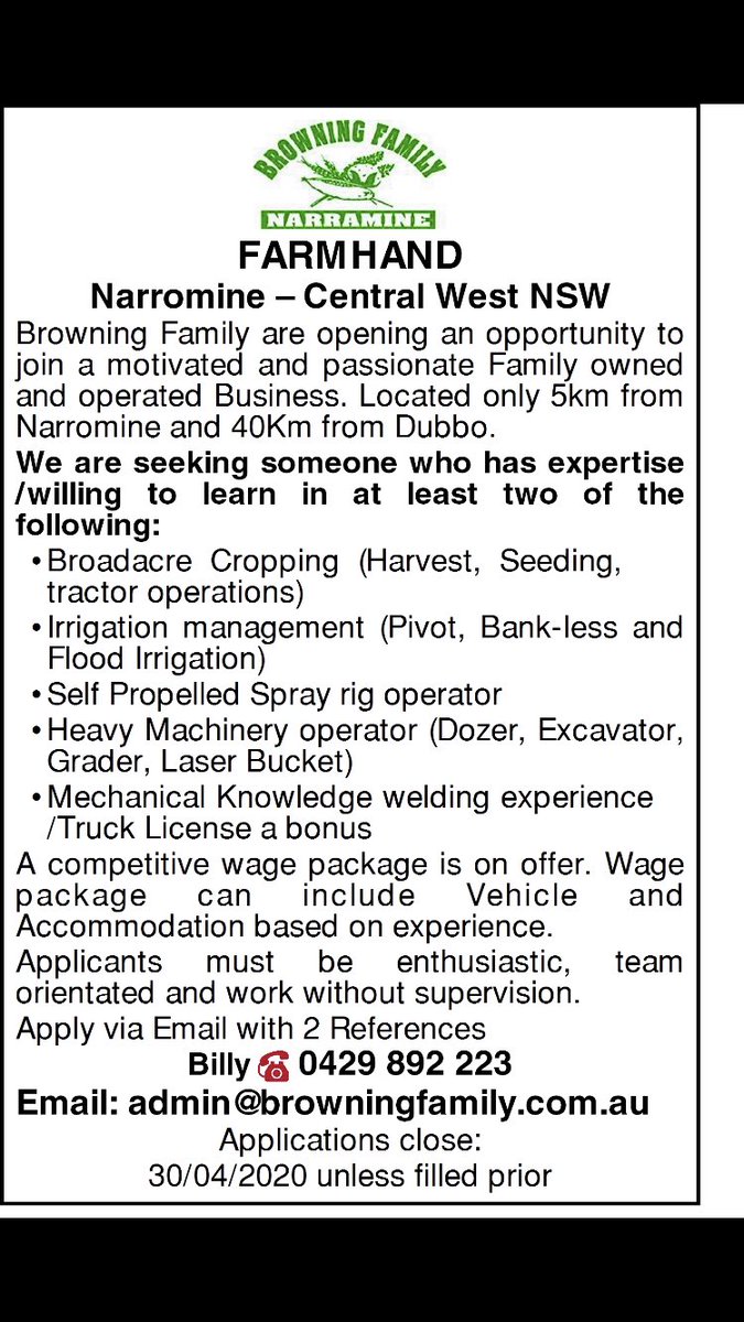 BillyBrowning93's tweet image. Employment opportunity in central west NSW. Feel free to share please