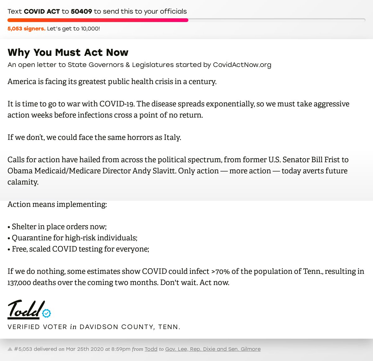 🖋 Support Todd by signing “Why You Must Act Now” and I’ll deliver a copy to your officials too: x.com/messages/compo…

📨 Last delivered to <a href="/govbilllee/">Gov. Bill Lee</a>, Representative Dixie and Senator Gilmore  #TNpolitics #TNpol #COVID19