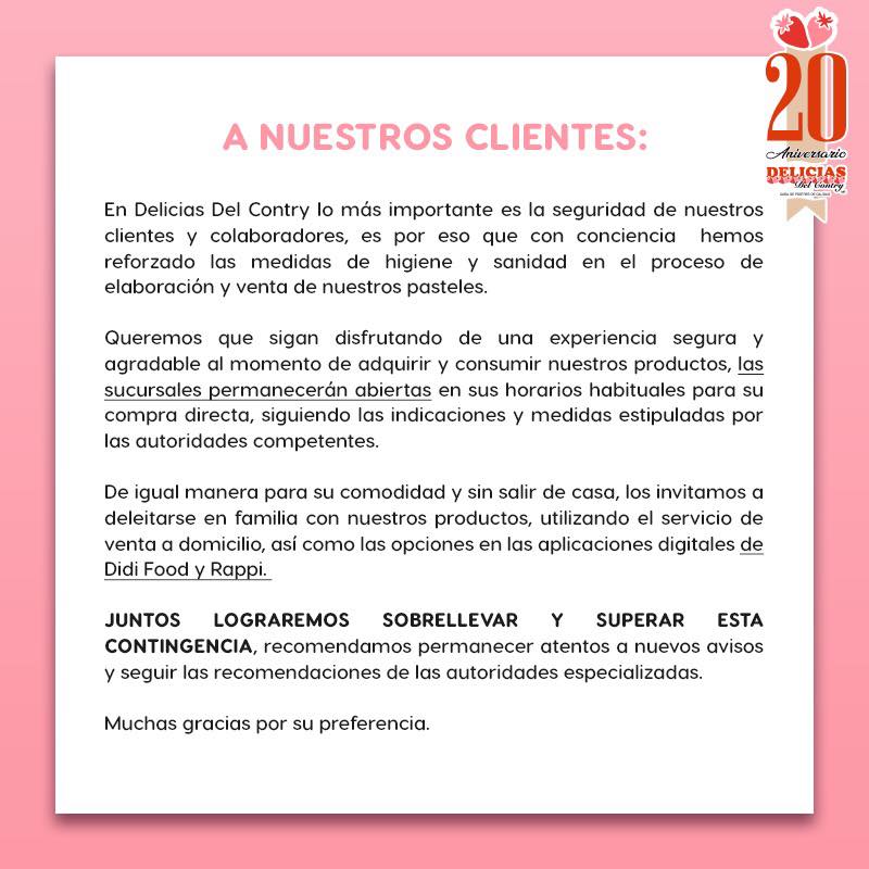 Delicias_Fans's tweet photo. En Delicias Del Contry lo más importante es la seguridad de nuestros clientes y colaboradores. Conscientes de la situación actual, te recomendamos elegir la mejor opción para disfrutar de nuestros productos.

Toma tus precauciones. https://t.co/svCFMows6U