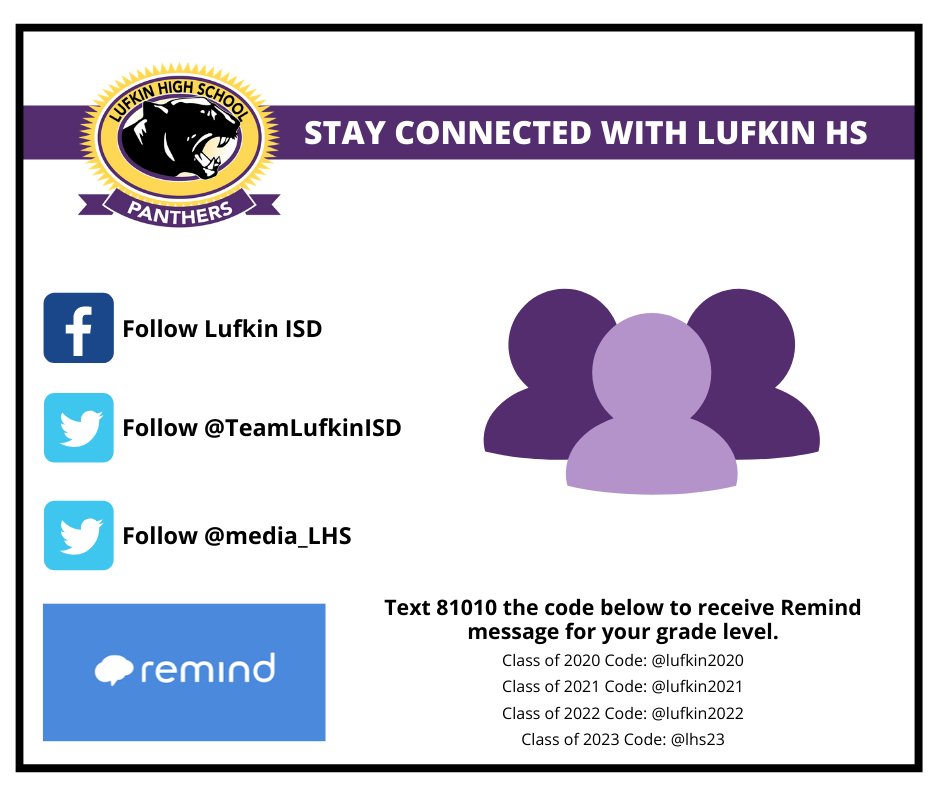 Stay connected with Lufkin ISD and Lufkin High School.  Here's how to find us on social media, and your grade level Remind codes.  #BelieveInLufkin @BrandonHBoyd <a href="/ShellySlaton/">Shelly Slaton Ponder</a> <a href="/A_Mijares01/">Andres Mijares</a> <a href="/LufHSCounseling/">LHS Counseling</a> <a href="/asoderquist/">April Soderquist, M. Ed.</a> @cdavis_LECHS <a href="/suzy_jungmann/">Suzy Jungmann</a> <a href="/abcdbickley/">Dana Bickley</a>