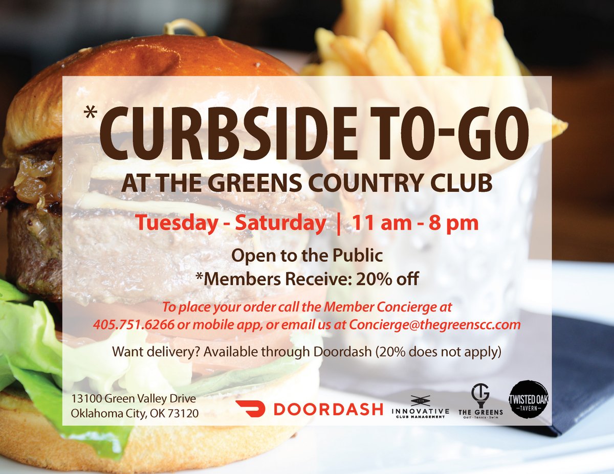 TheGreensCC's tweet photo. Twisted Oak Tavern @ The Greens Country Club
  •Award winning cuisine 
  •20% off food &amp; beer for all Members with Curbside pickup!
  •Available on Doordash for Everyone 
  •Call 405.751.6266 to place your order https://t.co/qURhkMXMoF