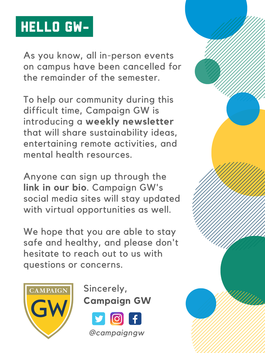@gwtweets students- do you want weekly tips for remote sustainability, fun at-home activities &amp; mental health resources? Sign up for our brand-new newsletter! forms.gle/tQoHgkfNX7qSYJ…🌱