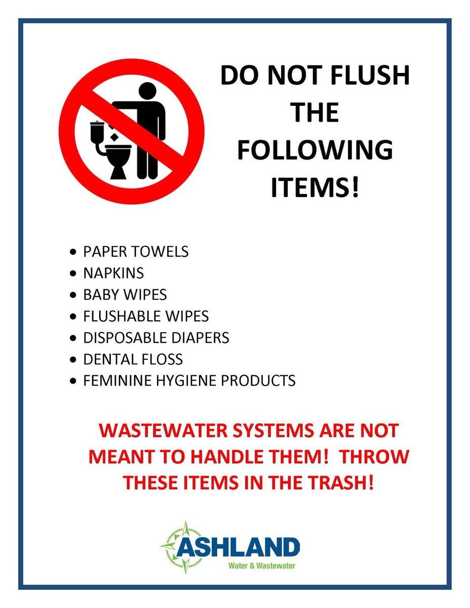 AshlandNE's tweet image. With the shortage of toilet paper, please remember that there are items that should not be flushed!  Please throw them in the trash cans!