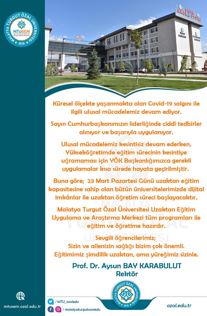 23 Mart Pazartesi Günü uzaktan eğitim kapasitesine sahip olan bütün üniversitelerimizde dijital imkânlar ile uzaktan öğretim süreci başlayacaktır.🖋️📲📝

Bu süreçte <a href="/MTU_ozaledu/">Malatya Turgut Özal Üniversitesi</a> <a href="/mtusem1/">mtusem</a> tüm programları
ile eğitim ve öğretime hazırdır.

<a href="/tcbestepe/">T.C. Cumhurbaşkanlığı</a> <a href="/saglikbakanligi/">T.C. Sağlık Bakanlığı</a> <a href="/YuksekogretimK/">Yükseköğretim Kurulu (YÖK)</a>