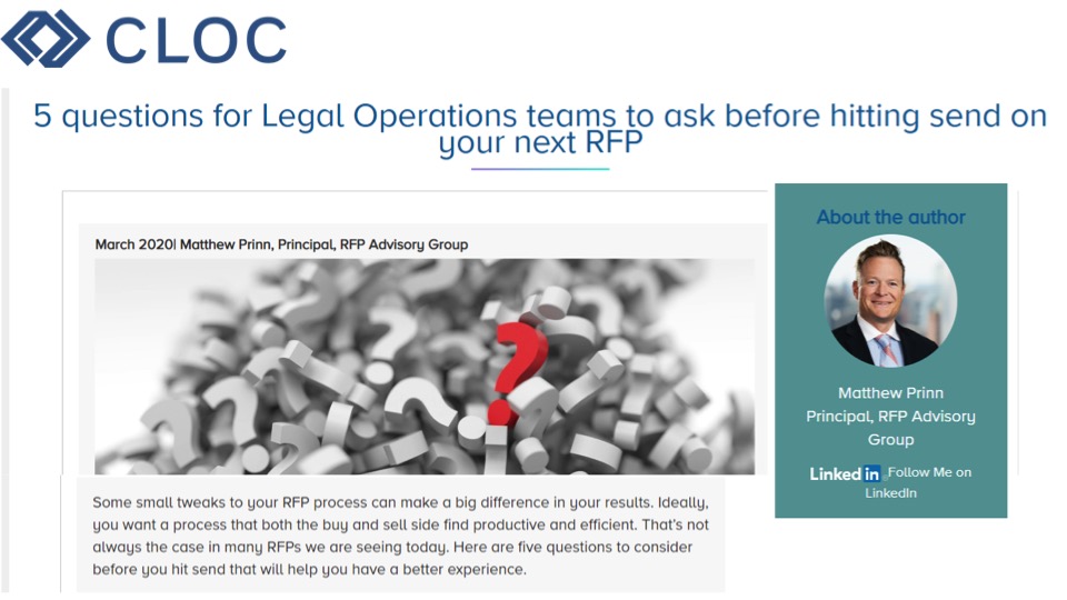 Guest Blog by Matthew Prinn for CLOC: 5 Questions for Legal Operations teams to ask before hitting send on your next RFP. rfpag.com/rfp/guest-blog… #Legal #RFP #RFPAdvisoryGroup