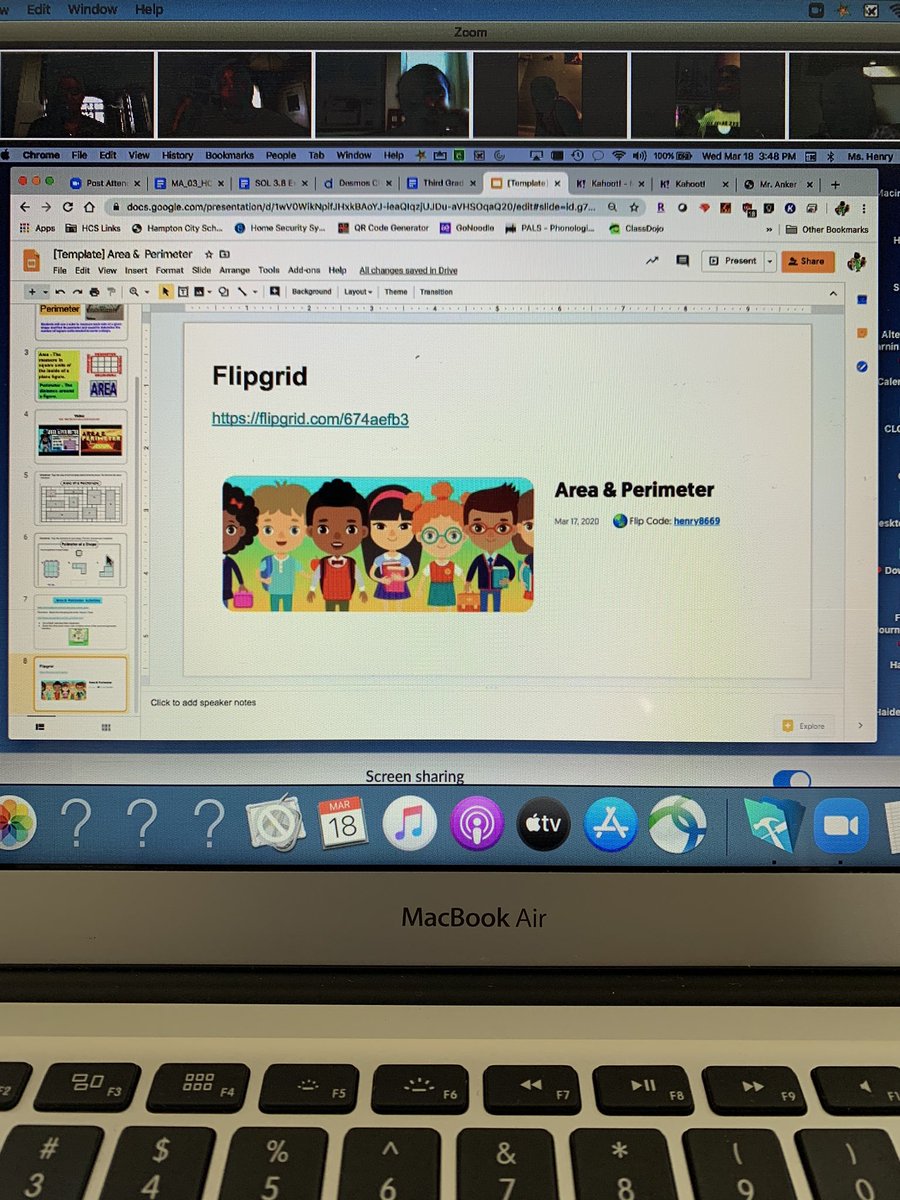 JMartinHCS's tweet photo. Topcat Virtual Scholars! Ms. Henry teaching her kids about perimeter and area through Zoom using videos, flip grid, and everything else in between! @tuckercapps113 @kecedo @HamptonCSchools @crystal_midlik https://t.co/O7m3ivpvJN