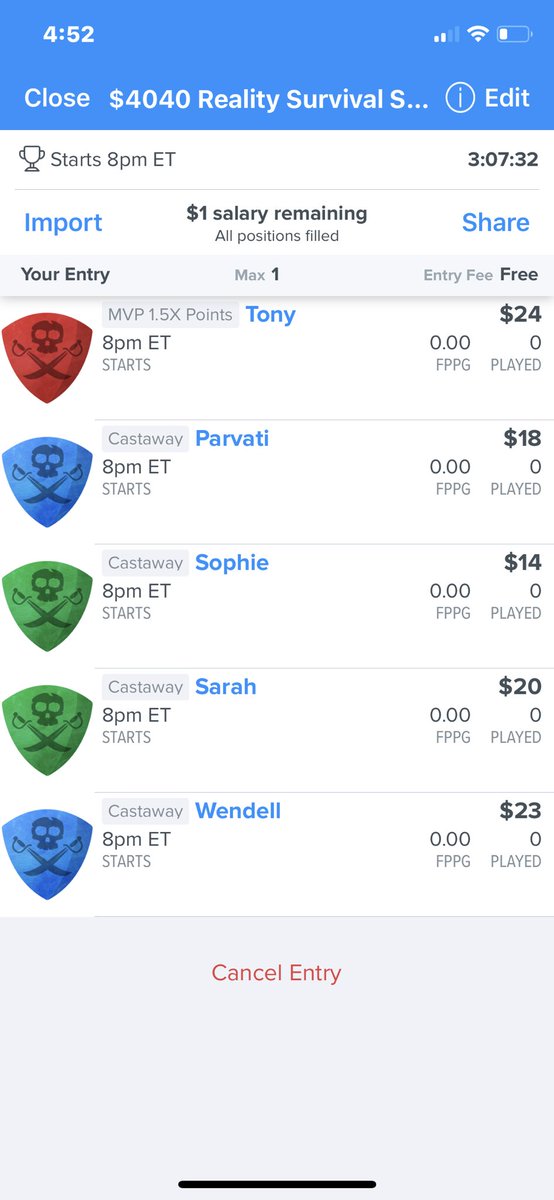 findamilisecond's tweet photo. Day 7 - playing Survivor DFS #whoistony #whyisthisathing https://t.co/ao8lafB6vi