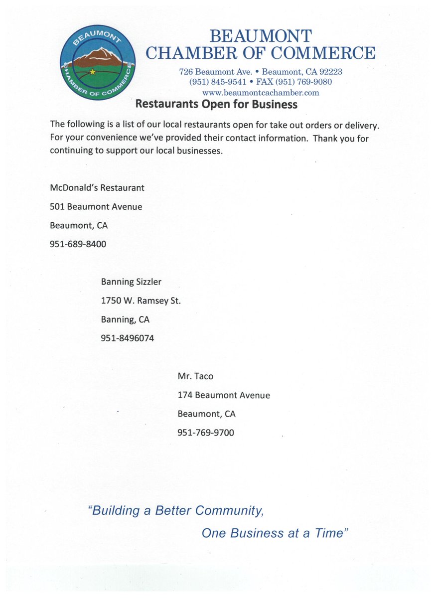 BeaumontCA_CoC's tweet photo. Still open for pick up and delivery 🥗🍗🧀🍔🥙🍪🍵🍝🍕🥪🌮🍤.  Thanks for continuing to support local businesses. https://t.co/MaX9ruSJUc