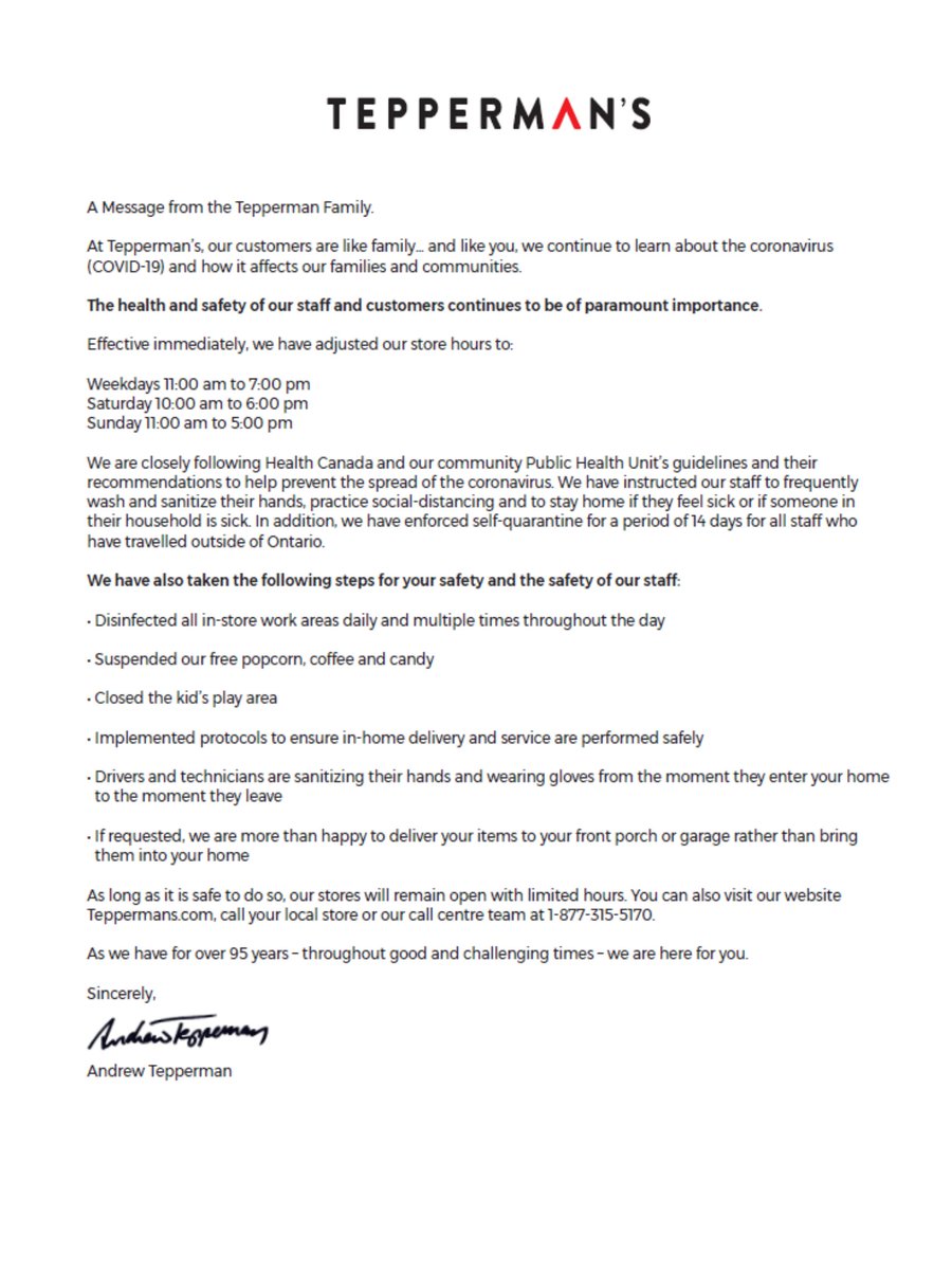 Teppermans's tweet photo. At Tepperman’s, our customers are like family… and like you, we continue to learn about the coronavirus #COVID19 and how it affects our families and communities. Please read our statement on what we're doing to ensure the health and safety of our staff and customers. #teppermans https://t.co/agdLk624rM
