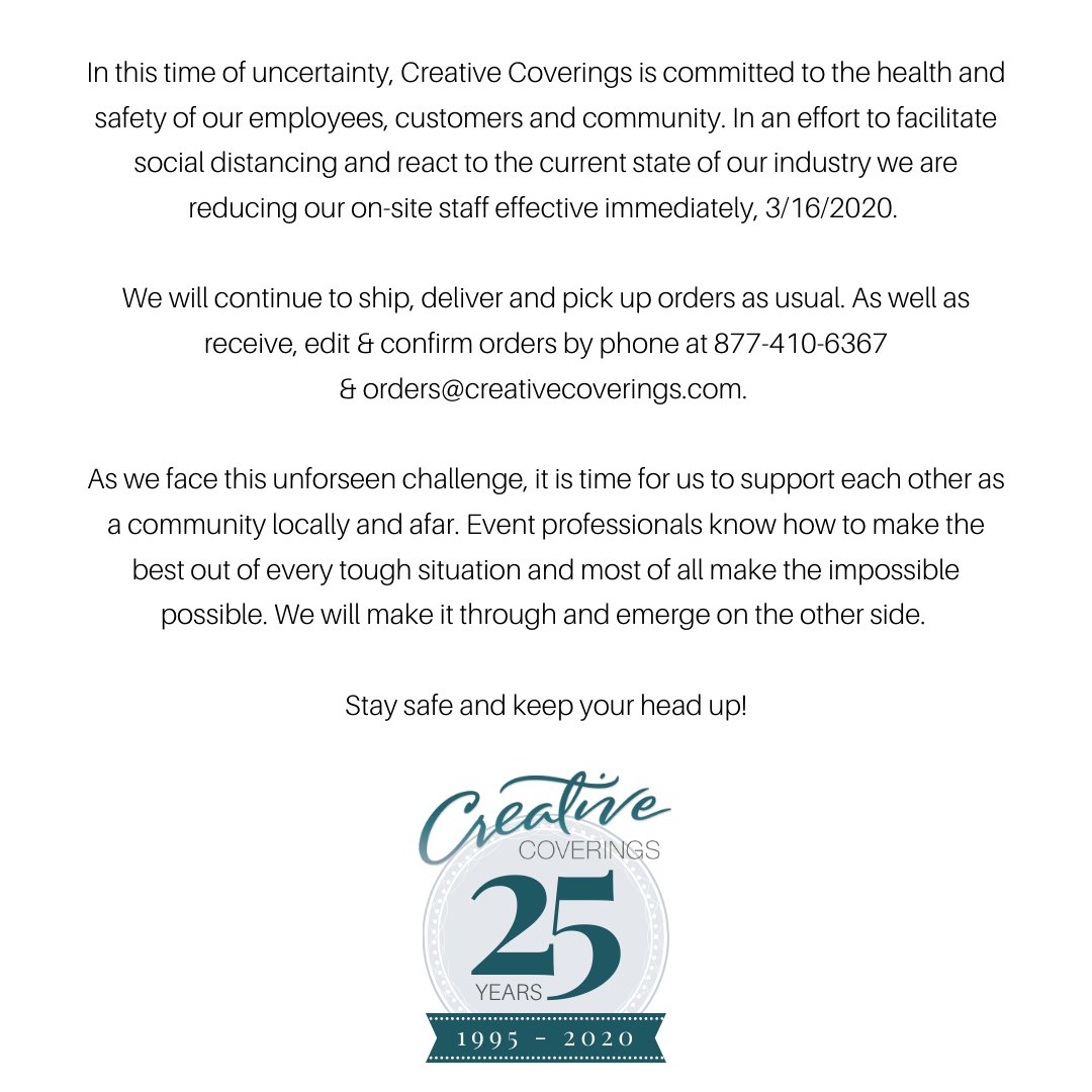 We encourage customers to utilize our Fabric Browser and online chat function. Please feel free to contact us at 877-410-6367 &amp; orders@creativecoverings.com with any questions regarding availability, pending orders, etc.⁠

#events