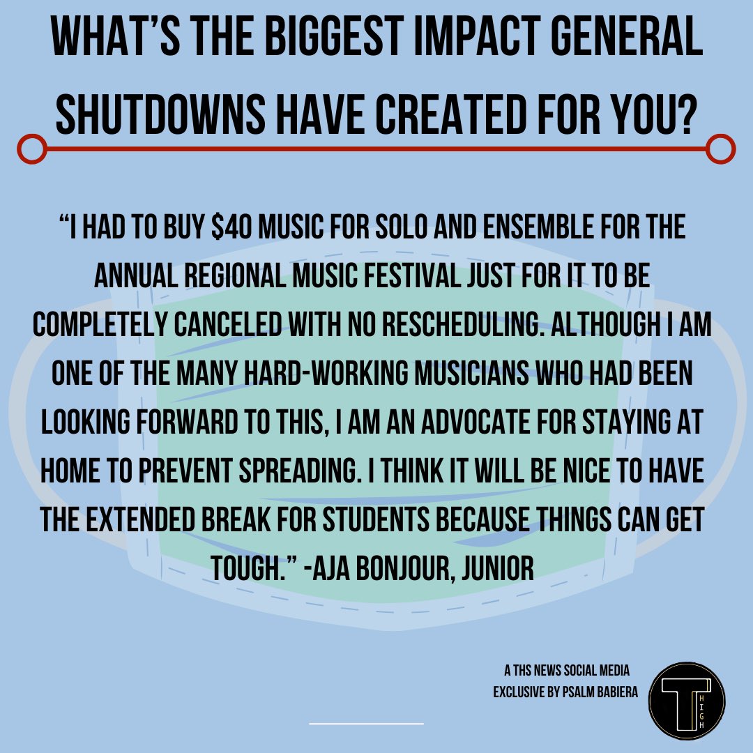 ThsNews1's tweet photo. COVID-19, or the CoronaVirus, has made its impact worldwide as well as across the nation. The following are quotes from students voicing how the virus is impacting them. Full story available on your online THS new source, https://t.co/0uIsQtCZmn. link in bio. https://t.co/3ZrONqRLwY