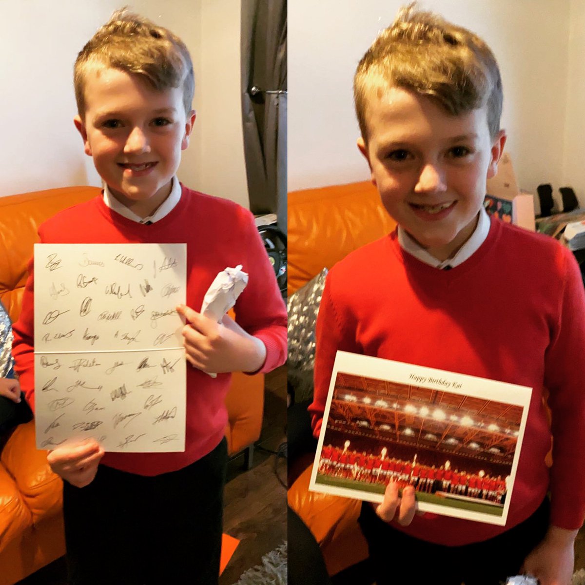 shipshippy's tweet photo. After a disappointing birthday with the game being cancelled, I think he’s happy with his signed birthday card from the welsh rugby team! Made an 8 year old rugby fan very happy @WelshRugbyUnion https://t.co/OY0H0DKMAS