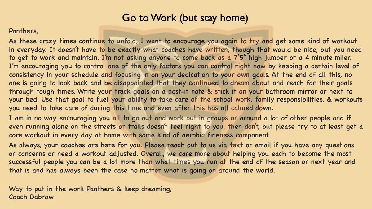 OrangeHSXCTF's tweet photo. The Panther Track and Field team remains committed to our individual and team goals, no matter how the path to them may change. https://t.co/w0uao2g5lt