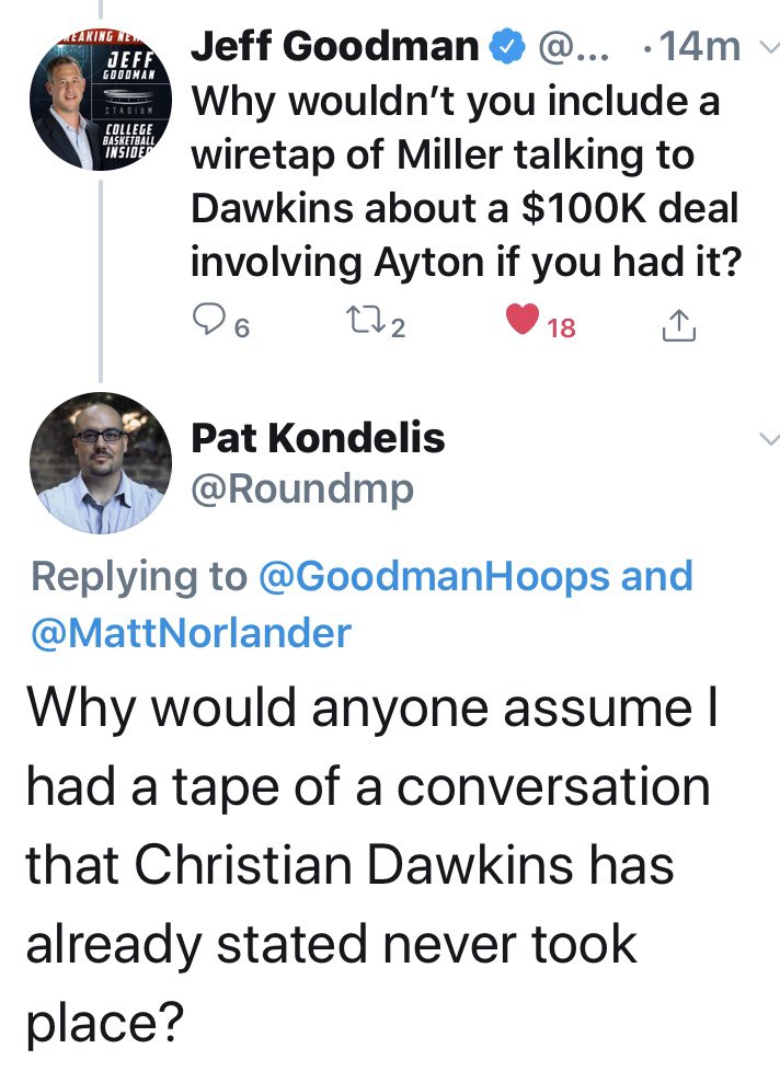 Today, March 18, 2020, the director of HBO’s The Scheme confirms, as previously reported and linked here, that Dawkins says the  @ESPN,  @Mark_Schlabach report of a wiretap Phonecalls of Miller/Dawkins conversation offering to pay Ayton $100k Feb.23, 2018 never happened!