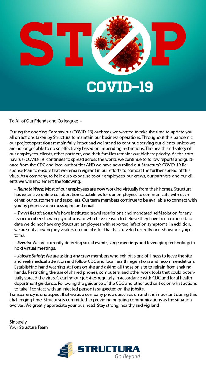 StructuraGC's tweet image. During the ongoing Coronavirus (COVID-19) outbreak we wanted to take the time to update you all on actions taken by Structura to maintain our business operations. Read our letter from our @StructuraGC team about what we are doing to keep everyone safe.