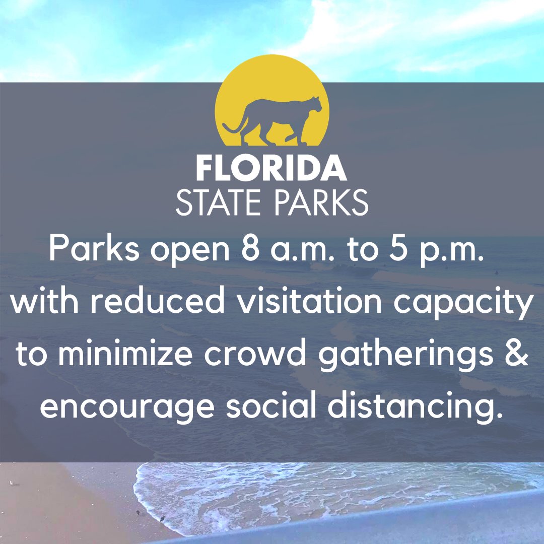 FLStateParks's tweet photo. In order to limit gatherings on public beaches to less than 10, DEP will reduce the visitor capacity at State Parks with beaches and swimming areas beginning Thursday, March 19.  We will continue to keep the public informed as the situation develops. https://t.co/c9fdY0rEA6