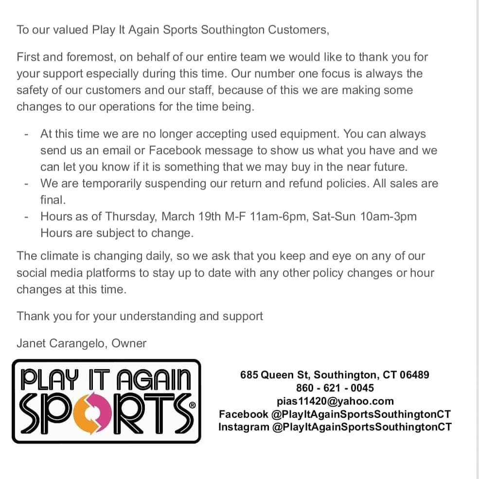 PIASSouthington's tweet photo. Safety first. We temporarily changed our hours and some policies. Please read the attachment. Although we have temporarily cut back our hours all of my employees will still be paid for their normal working hours. #retail #southington #ct #covid19 #SmallBusinessStrong #SmallBiz https://t.co/7mVLUA8ffj