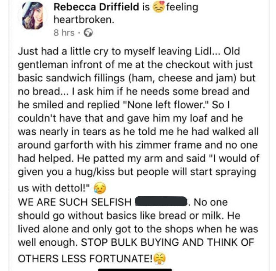 MuskaanJaved1's tweet photo. Honestly... bulk buying is effecting our #elderly and the #lessfortunate it is just breaking my heart.... #help #stopbulkbuying #think #before #you #buy #covid19UK 💔😥 https://t.co/xRo9y7sFl7