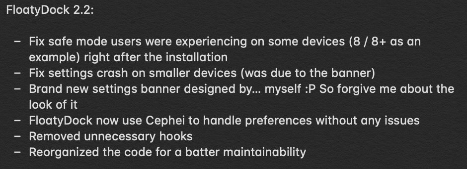 SynnyG_R's tweet photo. #FloatyDock 2.2 has been submitted to BigBoss and is waiting for approval :)
This is a pretty huge update, worked hard on this one so I hope you'll enjoy it ;)
Changelog below, enjoy! https://t.co/sLnx0BR82k