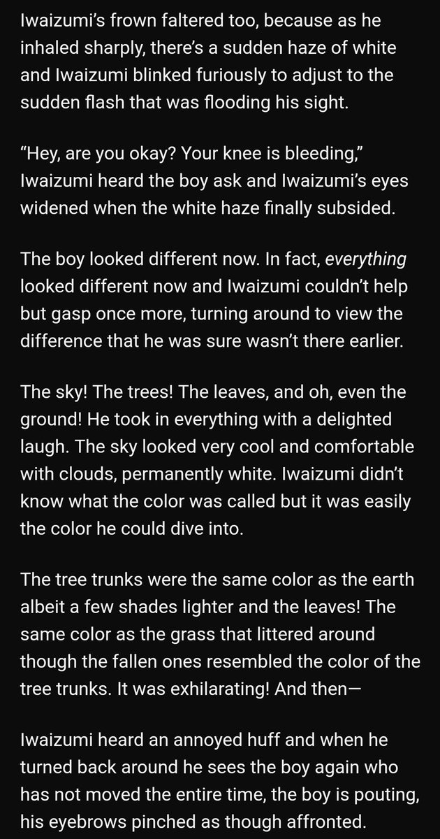 By chance by crossbelladonna https://archiveofourown.org/works/4014046/chapters/9019585-iwaoi-lots of side pairings-soulmate au-you start seeing colors when you meet your soulmate-they meet when they're children-iwa sees in color, oikawa doesn't-oikawa doesn't know about iwa-i cried