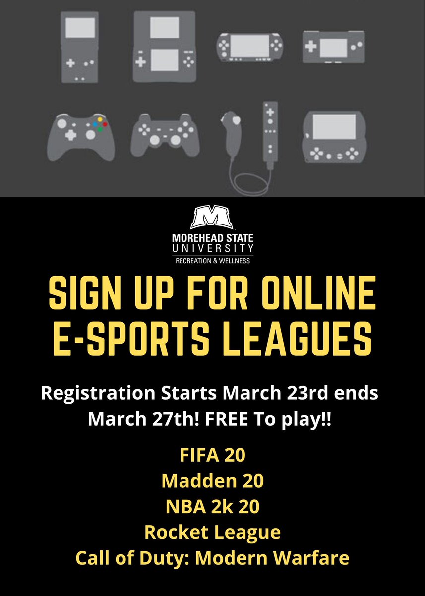 MSU_Intramurals's tweet photo. All on campus Intramurals have been cancelled for Spring Semester. 

However We will be holding several E-sports Leagues and Tournaments for the rest of the semester. They will be free to enter!! Sign ups open 3/23 and will end on Friday 3/23 at midnight. (1/2) https://t.co/kX93Xzp4q9
