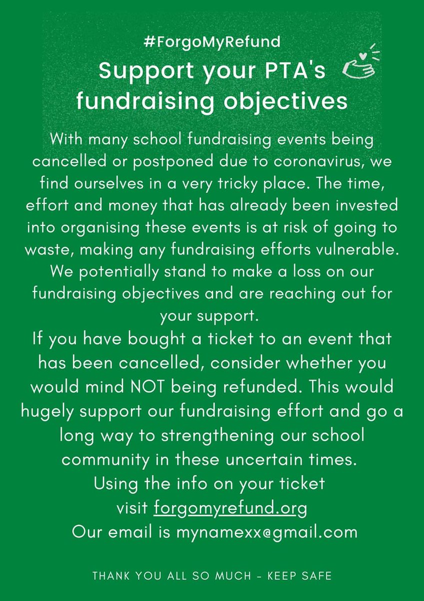 StayConnEvents's tweet image. For those of us having to cancel or postpone events, there is a new initiative called ForgoMyRefund which may be of help. There is an editable copy of the poster in the PTA resource centre here &amp;gt;&amp;gt;&amp;gt;

ptahub.tickettailor.com/pta-access