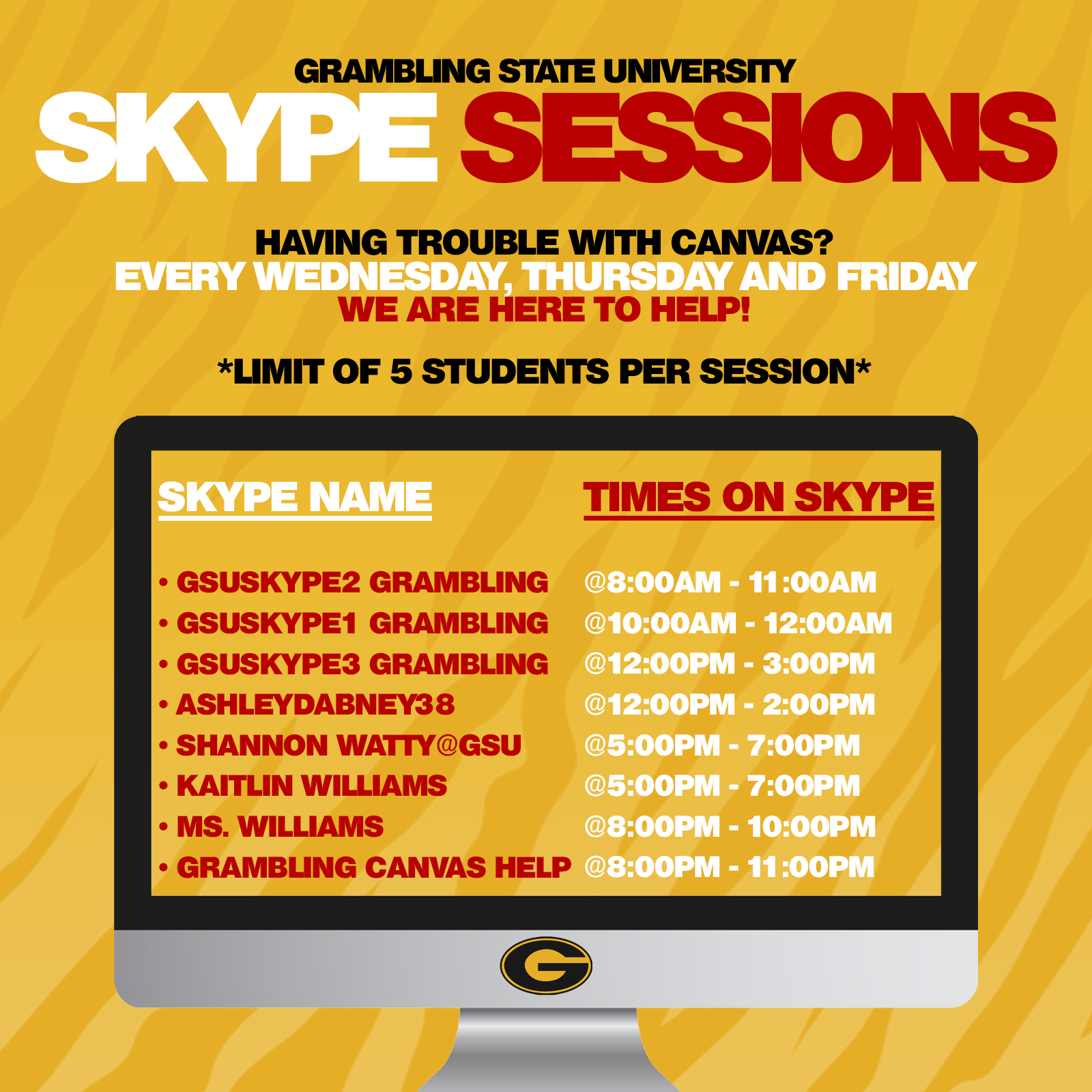 Grambling State Univ on Twitter "Get help with Canvas via Skype every