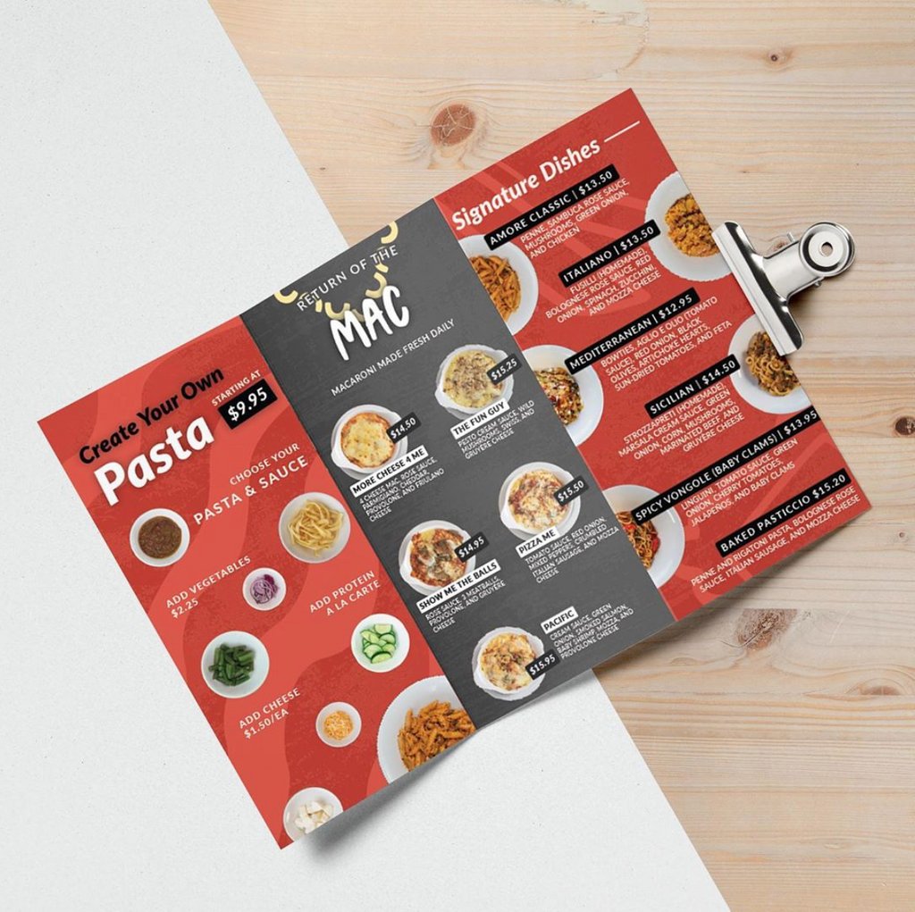 MeetVersionMe's tweet photo. For this project, we helped design both print menus AND digital menus for Amore Pasta. Our goal was to make these concise and beautiful. With details like noodle underlines and photos of each dish, these turned out amazing!

Interested in working with us? https://t.co/rFORYIAwDx https://t.co/h6Uioy1vpk