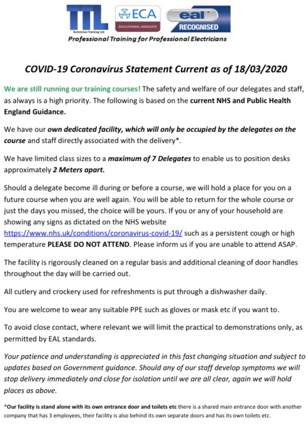 TechTrainingLtd's tweet photo. Please see our attached coronavirus statement for the precautions we are taking for our upcoming courses on Friday, Monday, Tuesday, Wednesday and for the foreseeable future 

#coronavirus #stillrunning https://t.co/zNXWP3ih3K
