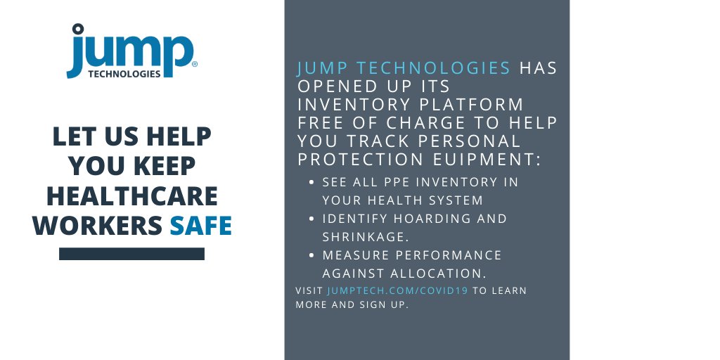 JumpTechNews's tweet image. To help hospitals manage PPE during the #COVID19 #pandemic, we are opening our platform free of charge to any hospital. Learn more at jumptech.com. 

#hospitalsupplychain #coronavirus