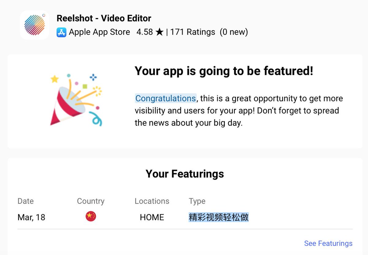 reelshot's tweet photo. We're being featured in China Today as #精彩视频轻松做 "Easily do great videos". As always, super proud of this!
Big thanks to @appradar_com for our first Apple feature warning. You weren't lying!
#Featured #appradar #appstore #reelshot #videoapp #影片应用程式 #视频编辑 #China https://t.co/pbETFv491k
