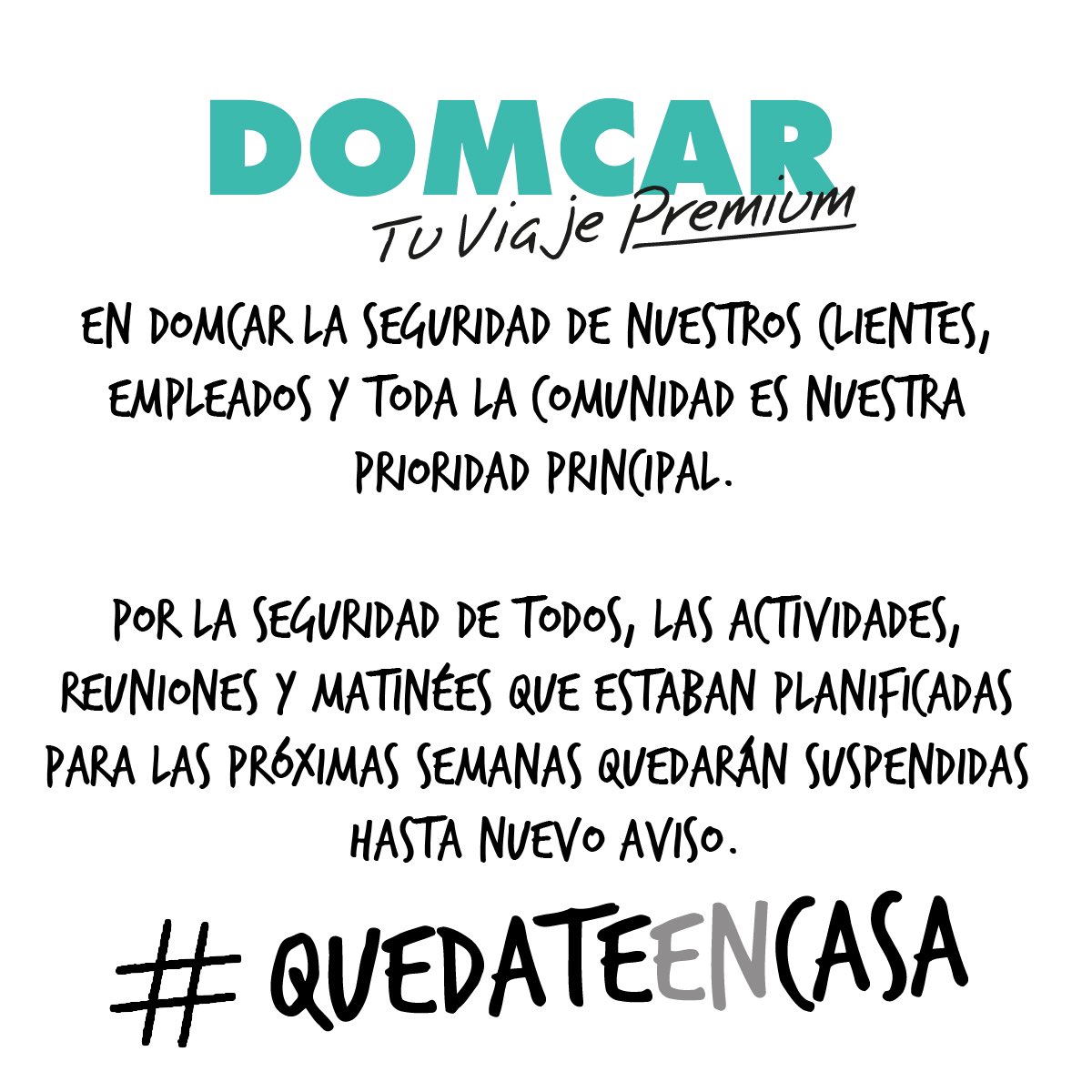 domcaruy's tweet photo. En DOMCAR, la seguridad de todos nosotros, familias, pasajeros y la comunidad es nuestra prioridad principal 💚

Estaremos en contacto a través de todas nuestras redes sociales, web y teléfonos 🙂

Trabajemos en equipo y #QuedateEnCasa con #Domcar https://t.co/JPeuMUWI0s