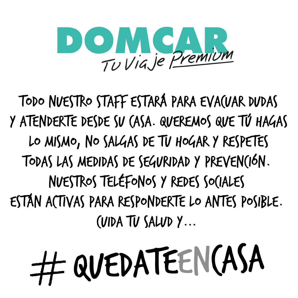 domcaruy's tweet photo. En DOMCAR, la seguridad de todos nosotros, familias, pasajeros y la comunidad es nuestra prioridad principal 💚

Estaremos en contacto a través de todas nuestras redes sociales, web y teléfonos 🙂

Trabajemos en equipo y #QuedateEnCasa con #Domcar https://t.co/JPeuMUWI0s
