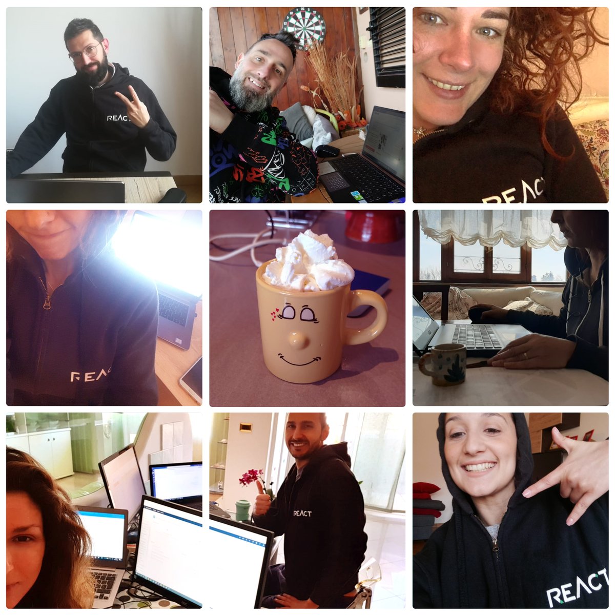 ReactConsulting's tweet photo. #Smartworking e Delirio al tempo del #Covid_19.
Giorno 7 - Mai stato un problema farci vedere in felpa, anzi ne abbiamo una tutta nostra!
#StayReactive🚀
#CoronaVirusChallenge #IoRestoACasa #CasaECasa #DistantiMaUniti #VirusVsVirtus #ReactConsulting #ModelliamoLaTecnologia https://t.co/rtrrAGazTp