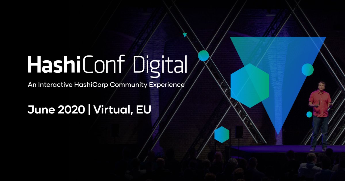 HashiCorp's tweet photo. HashiConf EU will be transformed into a virtual experience this year: HashiConf Digital. Same dates and same high quality technical sessions that you have come to expect from our community events. We hope you can join us for this free event: https://t.co/V9q06Zg84U #hashiconf https://t.co/hCyzG8WR0F