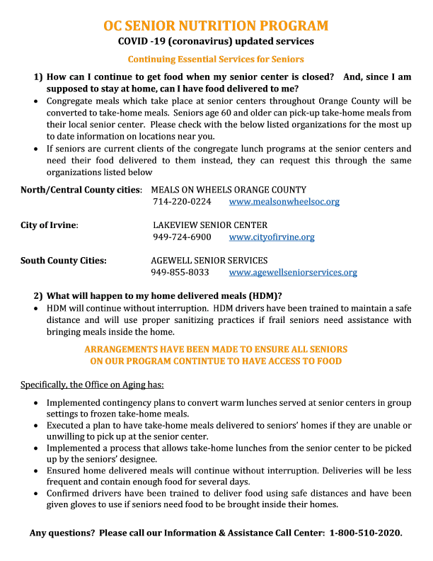 oc_ooa's tweet photo. Our OC Senior Nutrition Program has UPDATES in response to COVID-19 (coronavirus).
Please check with our providers listed for the most up to date information on locations near you.
@MealsOnWheelsOC
@cityofirvine
@myagewell
#OCOoA #Seniors #CongregateMeals #HDM #Nutrition https://t.co/h8knkj6n9I