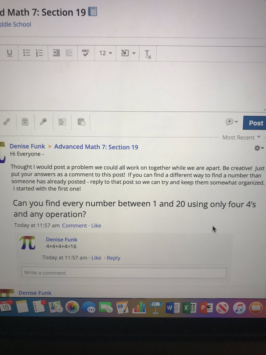 Posted the “4’s” problem from <a href="/youcubed/">Youcubed</a> for my students to have some fun sharing their creativity to dining solutions. Thanks <a href="/joboaler/">Jo Boaler</a> #106learns