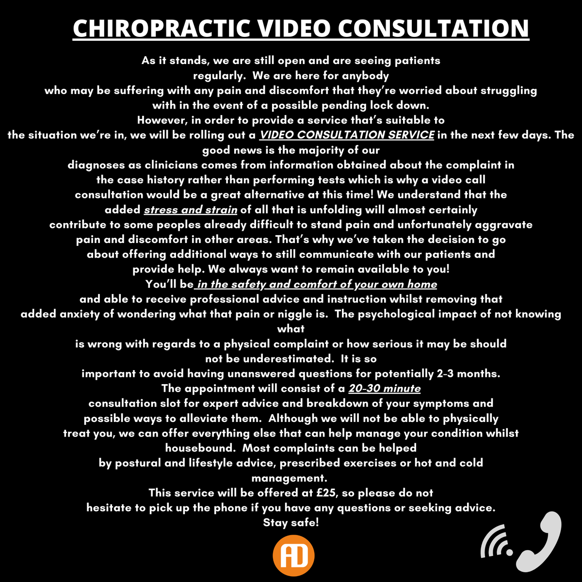Are you self isolating? Please share...

#chiropractor #videocall #cardiff #uk #covid19 #coronavirus #pain #discomfort #doctor #medical #isolatedNOTalone #chiropractic #consultation