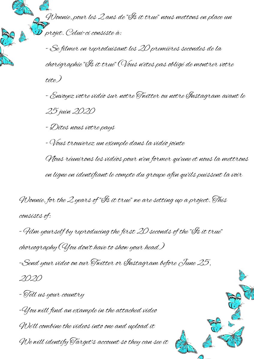 FranceTarget's tweet photo. [PROJET] [PROJECT]
Please read this and participate... This project is important to us. The example video is in the comments

S'il vous plaît lisez cela et participez... Ce projet nous tient énormément à cœur La vidéo exemple se trouve dans les commentaires

#TARGET #WONNIE #KPOP https://t.co/Xc4DUfKVXs