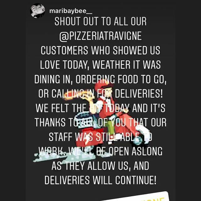 PizzeriaTraVig's tweet photo. Thank you to everyone who came out yesterday for take out and delivery! We are staying open as long as they will let us. We are trying to keep as many people as possible paid for as long as possible. Please store your groceries. Put perishables in the fr… https://t.co/RkDfeZ4lg0 https://t.co/93VdfSUNKk
