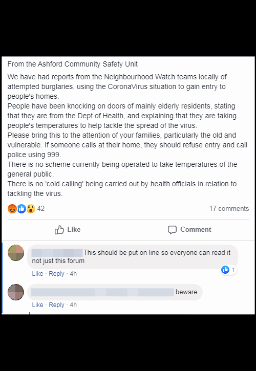 Kent_999s's tweet photo. ASHFORD: Report of bogus callers targeting the elderly and vulnerable, claiming to be from the Department of Health, and trying to gain entry to their homes by telling occupants they want to take their temperature to help tackle the spread of the Coronavirus. https://t.co/HWhxE3WbPu