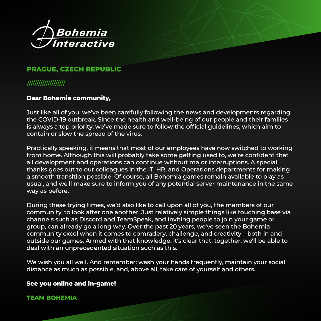 bohemiainteract's tweet photo. Dear community, we hope you’re all doing well! For those who are curious, here’s a brief update on the coronavirus/COVID-19 outbreak and the situation here at Bohemia Interactive: https://t.co/Wq1M4tAcKe